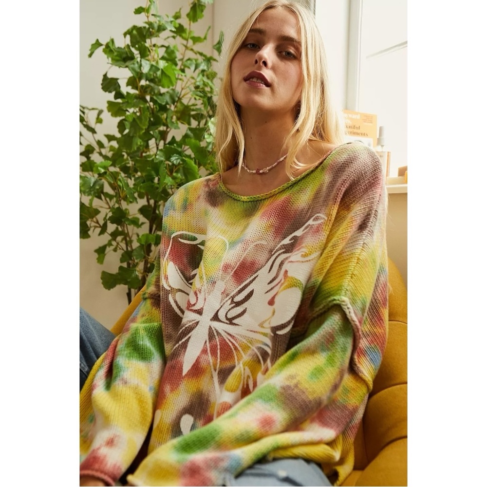 Urban Outfitters Multicolor Yellow Green Pink Tie-Dye Butterfly Crewneck Sweater